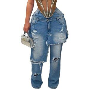 Women Cargo Jeans Ripped Patchwork Wide Leg Denim Pants High Waist Streetwear